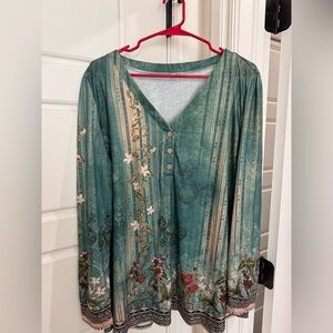 Floral Teal V-Neck Women's Top